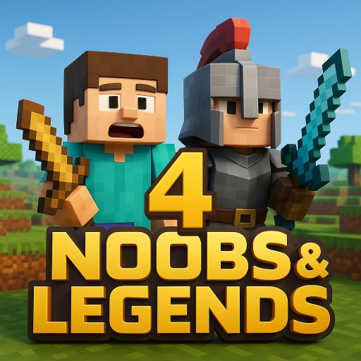 Cover des Noobs & Legends 4 Modpacks mit zwei Minecraft-Figuren und goldenem Schriftzug